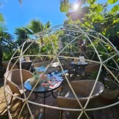 Salle à manger sous dôme géodésique à la Maison D'hôtes Cœur D'hérault à Péret avec table et plantes tropicales