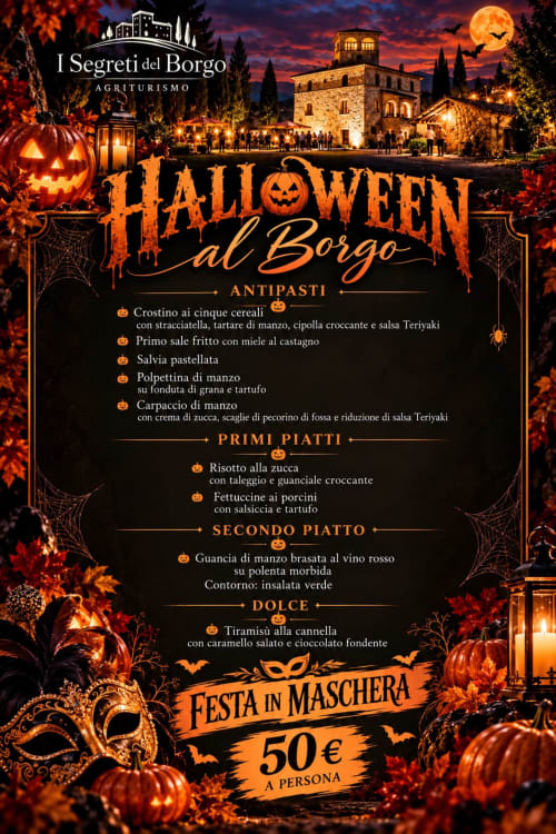 Menu Halloween presso l'agriturismo I Segreti del Borgo a Terni con antipasti, piatti di pasta e dolci tradizionali italiani
