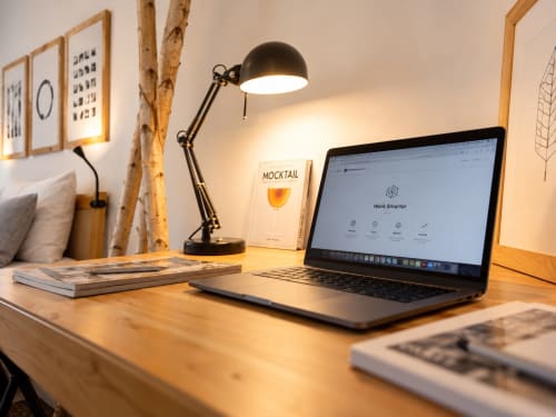 Spazio di lavoro moderno a Easystay Bari con laptop, lampada da scrivania e arredamenti in legno, WiFi e design contemporaneo