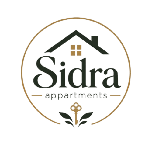Logo Sidra Apartments con una casa finestre e una chiave decorativa con foglie, in tonalità verde e oro