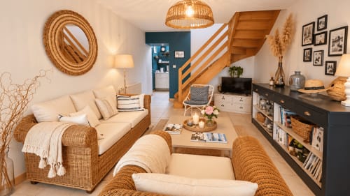 Salon lumineux de la chambre d'hôtes Ty Coz Breizh à Guidel avec mobilier en osier, escalier bois et décoration côtière