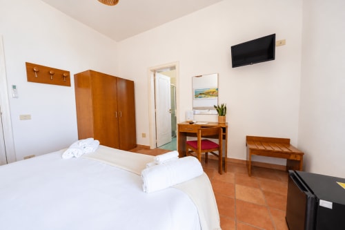 Spaziosa camera d'albergo a Villa Bina Sea Hotel con letti gemelli, mobili in legno, TV a schermo piatto e vista sul mare a Serrara Fontana