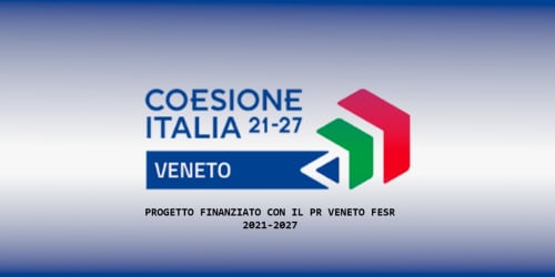 Logo del progetto Coesione Italia 21-27 Veneto con i colori della bandiera italiana, finanziato da PR Veneto FESR 2021-2027