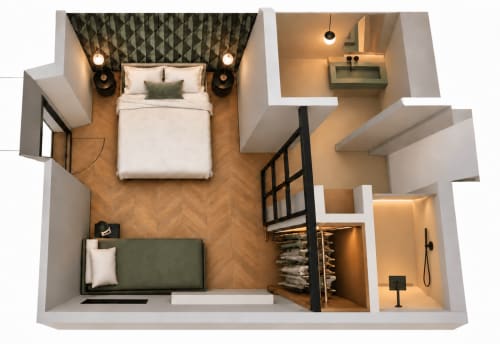 Planimetria 3D della camera Muschio a Villa Rosati B&B a Sanzeno, con camera da letto, zona soggiorno, bagno e terrazza