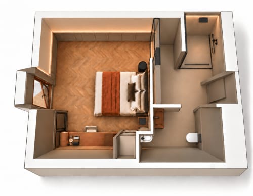 Planimetria 3D della camera Resina di Villa Rosati Sanzeno, con camera da letto con pavimento a spina di pesce, bagno privato e