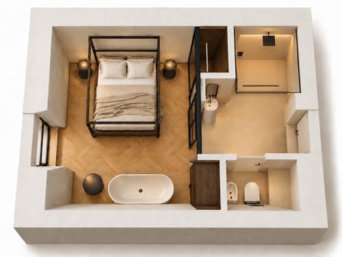 Planimetria 3D della camera Creta a Villa Rosati B&B a Sanzeno, con camera da letto, bagno e area esterna privata