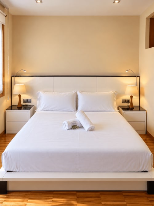 Dormitorio moderno del apartamento Aires de Baiona en Baiona con ropa de cama blanca, lámparas de mesita y piso de madera