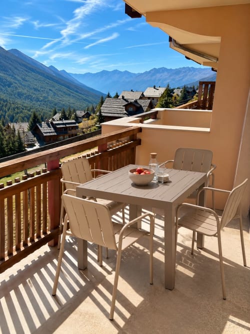 Balcon d'appartement ensoleillé à Montgenèvre avec table à manger, chaises et vue panoramique sur la vallée alpine