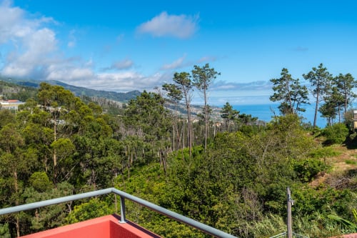 Balcony view of lush green forest and blue sea at Quinta Frizado in Prazeres, Portugal