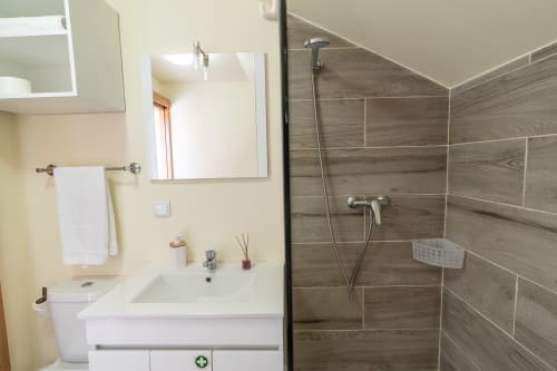 Modern bathroom in Quinta Frizado apartment with white sink, mirror, and walk-in shower with wood-grain tile at Garry's