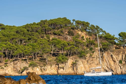 Velero fondeado frente a la costa rocosa de Llafranc con acantilados cubiertos de pinos y aguas cristalinas del Mediterráneo