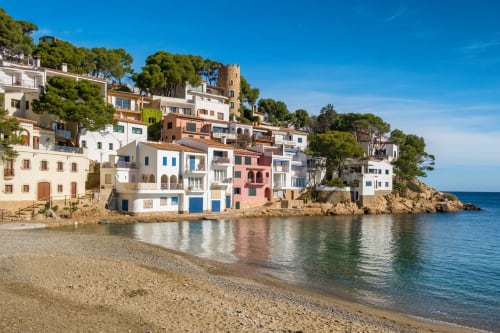 Casas de playa coloridas en Llafranc con arena blanca, mar azul cristalino y acantilados mediterráneos bajo cielo despejado