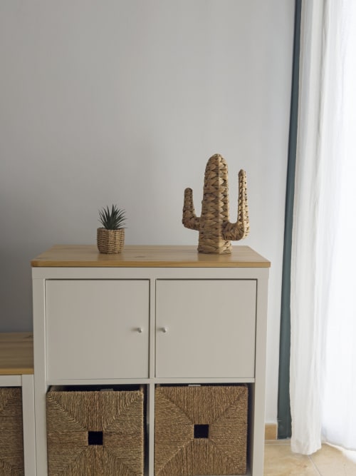Decoración minimalista con mueble de almacenaje tejido y cactus decorativos en la casa de campo Living Sur en Sanlúcar de Barrameda