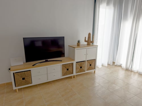Sala de estar moderna con TV, muebles de almacenamiento con cestas tejidas, cactus en maceta y luz natural en Living Sur Sanlúcar