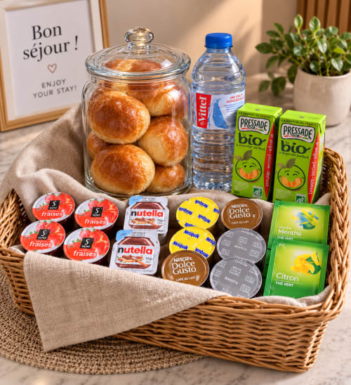 Panier de bienvenue spa avec pâtisseries, eau, jus, café et thé au Clandestin à Cambrai, France