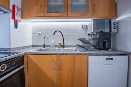 Modern kitchen in EcoHost apartment with wooden cabinets, granite countertop, stainless steel sink, dishwasher, and microwave