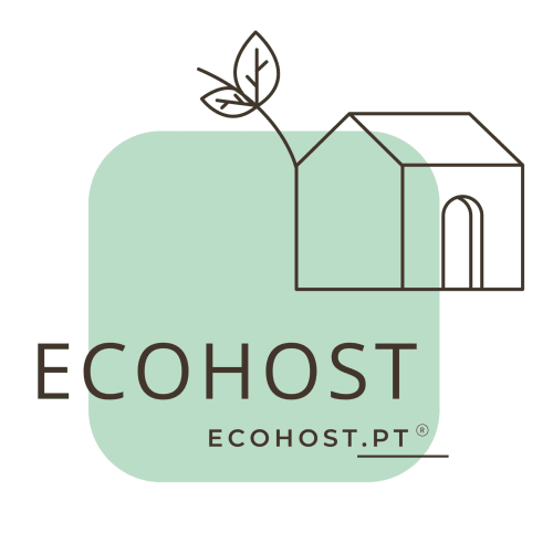 EcoHost sustainable accommodation logo with green background, house outline and leaf symbol, Matosinhos Portugal