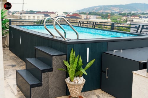 Modern rooftop pool at OD Cribs Abuja with mountain views, black pool deck, steel ladder, potted plant, and city skyline