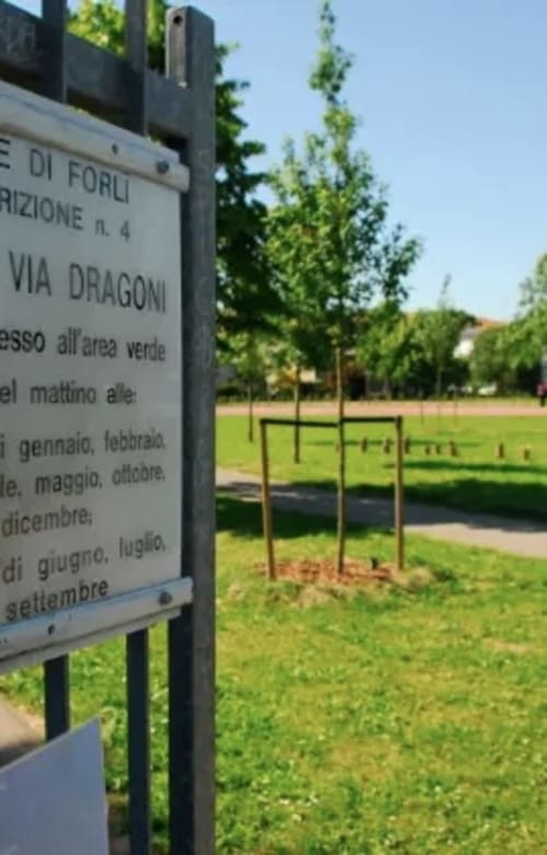 Cartello stradale Via Dragoni presso la Corte Livia B&B a Forlì, Italia, con area verde e alberi sullo sfondo