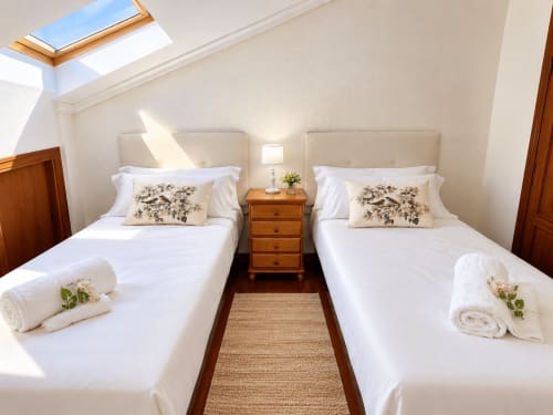 Luminoso dormitorio doble en apartamento de Baiona con claraboyas, ropa blanca impecable, cojines decorativos, mesita de madera y pasillo beis