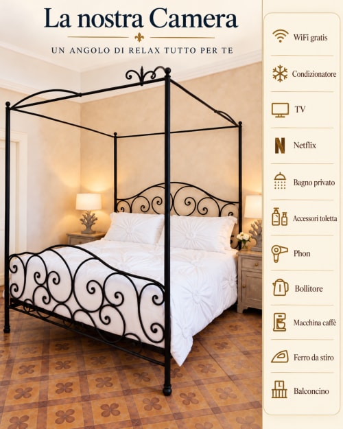 Elegante letto a quattro colonne con struttura in ferro battuto decorato e biancheria bianca nella camera Gli Amanti del B&B I Mori, Catania