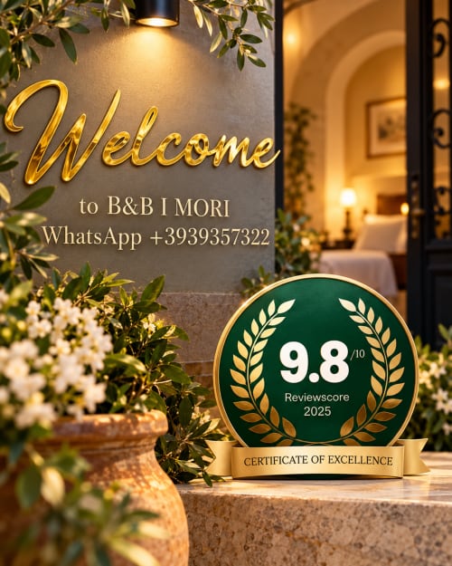 Placa de boas-vindas do B&B I Mori Catania com Certificado de Excelência 9.8/10 e letras douradas