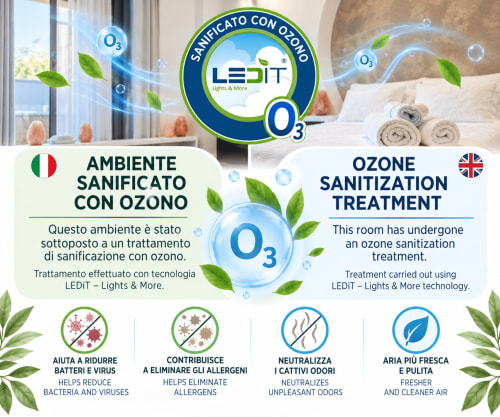 Certificado de tratamento de sanitização com ozônio LEDiT para o quarto Kalsa na Pousada I Mori, Catania