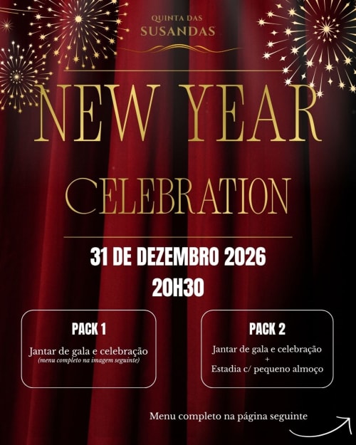 Cartaz da Celebração de Ano Novo Quinta das Susandas, 31 de dezembro de 2026 às 20h30, com pacotes de jantar de gala em Tresouras,