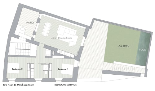 EL JARDÍ apartment floor plan at Alemanys 5 in Girona with 2 bedrooms, garden and pool