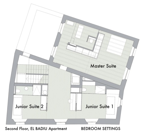Second floor bedroom layout at Alemanys 5 B&B in Girona showing Master Suite and two Junior Suites