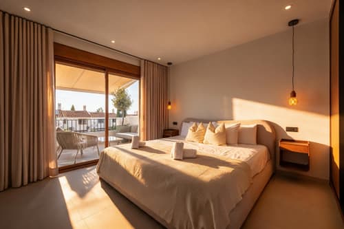 Lujosa habitación de villa en Nerja con vistas al mar, balcón, cama king, iluminación colgante y acceso a terraza