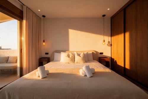 Lujosa habitación en Villa Mandarinos, Nerja, con vistas al mar, ropa de cama crema, lámparas colgantes y acceso a terraza al atardecer