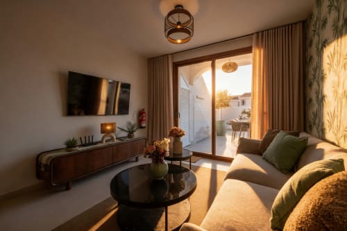 Salón de lujo en villa de Nerja con vista al mar, sofá moderno, TV de pantalla plana y acceso a terraza