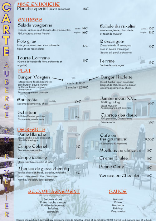 Menu de l'Auberge Du Ruxelier : cuisine française, entrées, burgers et desserts à Chéniménil