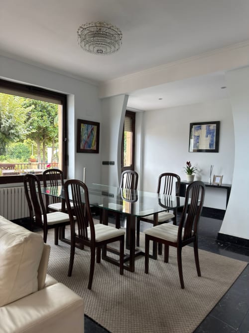 Modern dining room at Casa Señorial Sasueta in San Sebastián with black chairs, glass table, and garden views