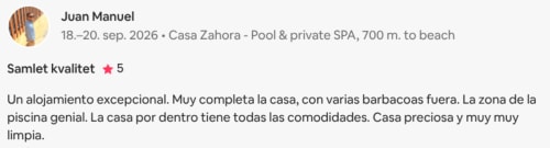 Juan Manuel's 5-star review for Casa Zahora Pool & SPA in Spain, praising the exceptional accommodation and cleanliness