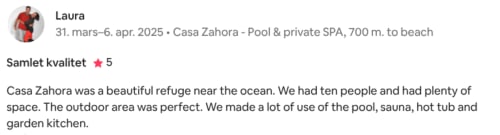 Laura's 5-star review of Casa Zahora beachfront villa with pool and spa in Spain
