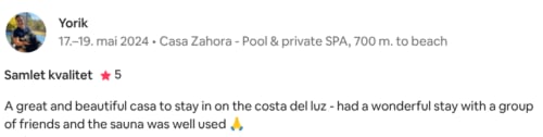 Yorik's 5-star review for Casa Zahora in Costa de la Luz mentioning sauna and beach proximity