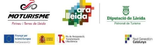 Logos des partenaires touristiques incluant Moturisme, Ara Lleida, Diputació de Lleida, financement UE et Catalonia Next Generation
