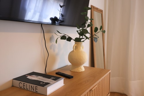 Escritorio de madera con libro de Celine, control remoto y jarrón crema con plantas bajo televisor en apartamento de Madrid