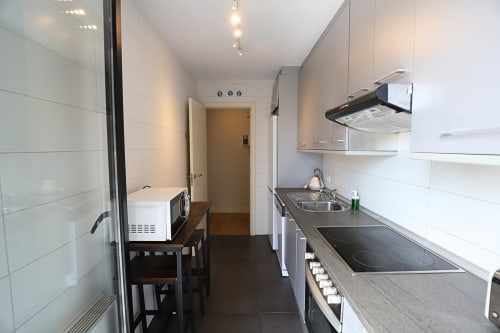 Cocina de galera moderna en apartamento Madrid Río con armarios blancos, encimeras oscuras y electrodomésticos de acero inoxidable