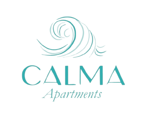 Logo de apartamentos CALMA con diseño de onda azul turquesa, alojamiento de lujo en Benidorm