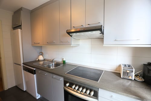 Cocina moderna en apartamento de Madrid Río con muebles blancos, encimera gris, placa de inducción y acero inoxidable