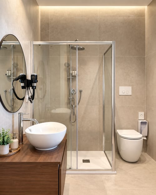 Bagno moderno nella Domus Fysi Suite Terra Eden di Palermo, con doccia a filo pavimento, lavabo a bacinella e finiture contemporanee