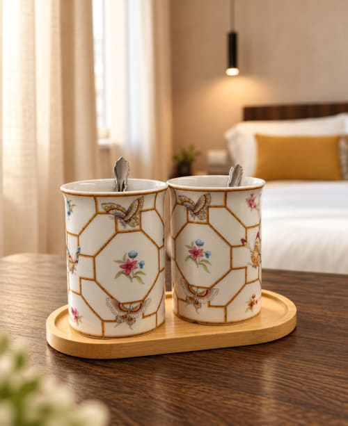 Eleganti tazze da tè in porcellana con motivi floreali su vassoio in legno nella suite Domus Fysi, Palermo