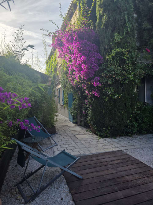 Charmante cour de l'Hôtel Les Lauriers à Saint-Tropez avec ses bougainvillées magenta éclatantes, murs couverts de lierre