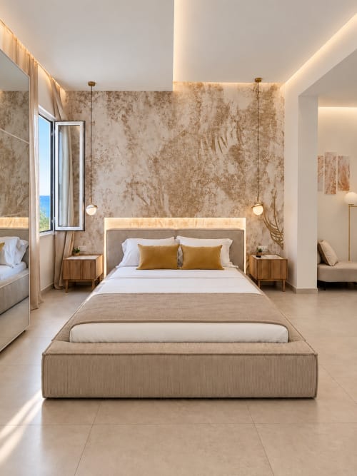 Suite lussuosa Sole e Luce presso Domus Fysi Palermo con vista mare, marmo beige, luci a sospensione e arredi moderni