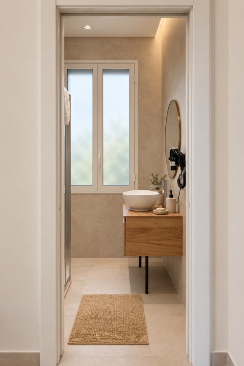Bagno moderno nella Suite Sole e Luce di Domus Fysi a Palermo, con lavabo a coppa, mobile in legno e finestre con vista mare