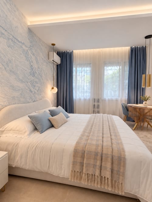 Suite moderna a Domus Fysi Palermo con parete in marmo, biancheria bianca, tende blu e vista sulla città dal balcone