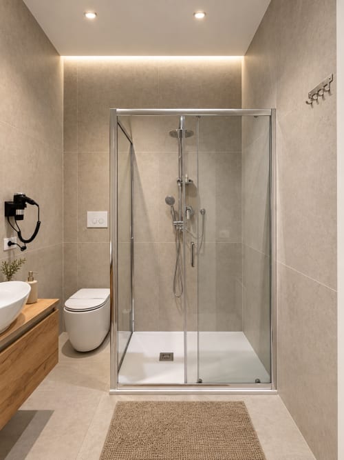 Bagno moderno della suite Domus Fysi con doccia in vetro, wc bianco, mobile con lavabo in legno, piastrelle beige e illuminazione ambientale